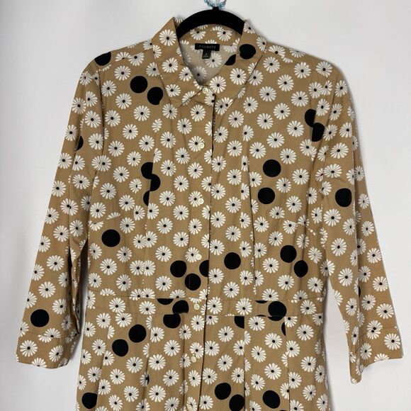 TALBOTS Womens Midi Shirt Dress Tan Daisy Polk Dot Floral Print Size 8 Retro - Picture 5 of 10